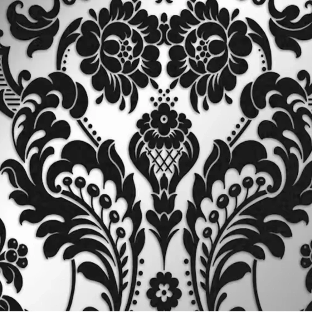 New! Gothic Damask- Black & Silver Flock Wallpaper by Graham & Brown, dbl roll
